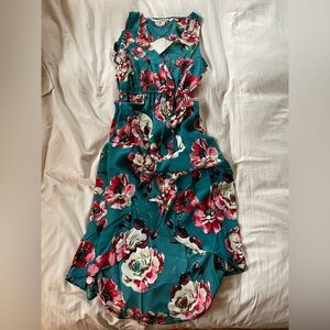 Lucky Brand Floral Teal Dress with Pink and Red Roses High Low Hem